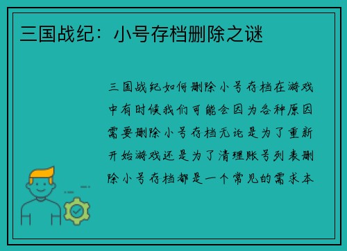 三国战纪：小号存档删除之谜